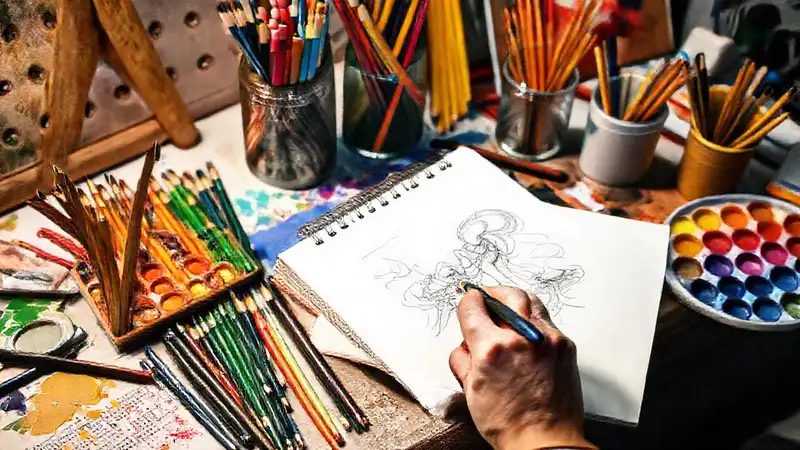 Espacio artístico con dibujante y colores vibrantes