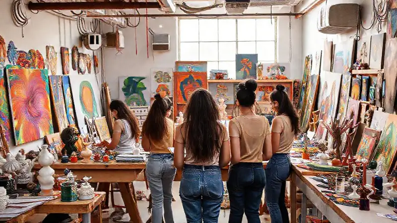 Estudiantes de bellas artes en estudio vibrante