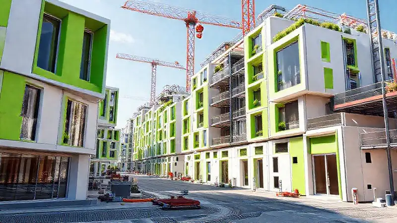 Edificios modulares futuristas en construcción urbana sostenible