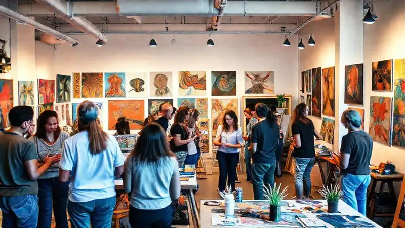 Artistas colaborando en un estudio vibrante y creativo