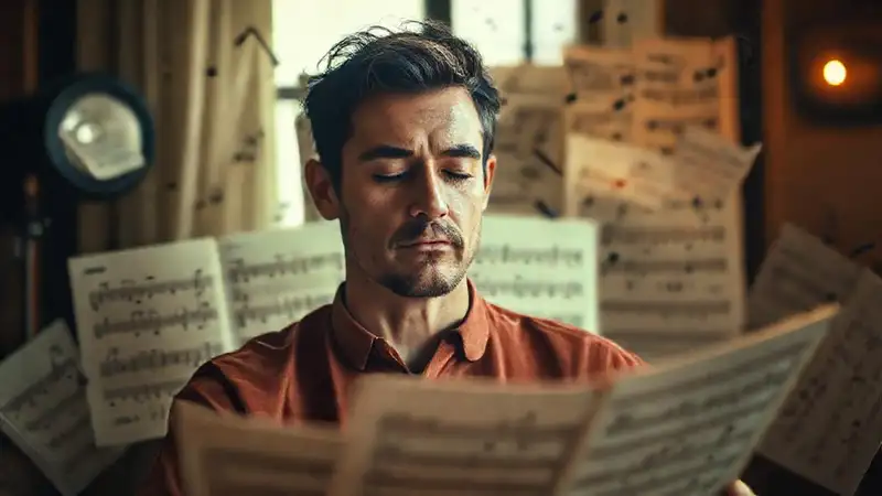 Músico en calma con partituras y notas flotando