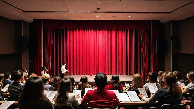 Escenario de teatro con actores y participación