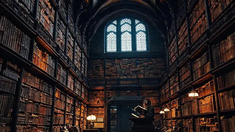 Interior histórico con libros y arquitectura clásica