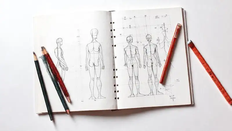 Cuaderno de dibujo con esquemas y sombras