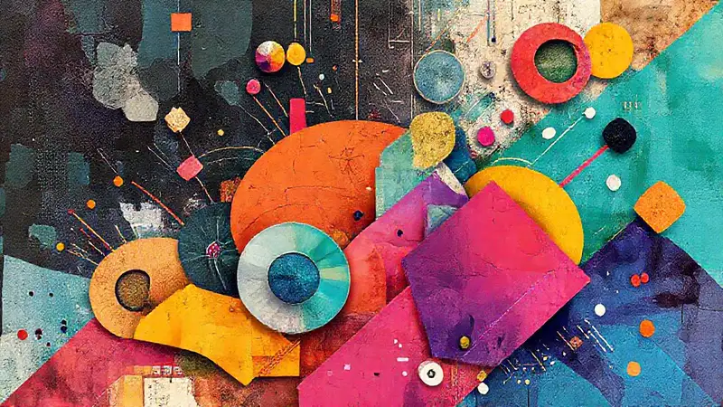 Collage digital vibrante con formas geométricas futuristas