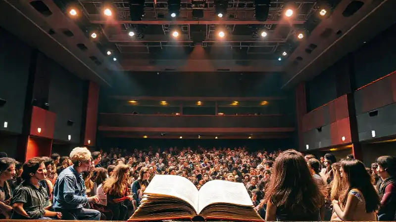 Escenario teatral universitario con estudiantes diversos vibrantes