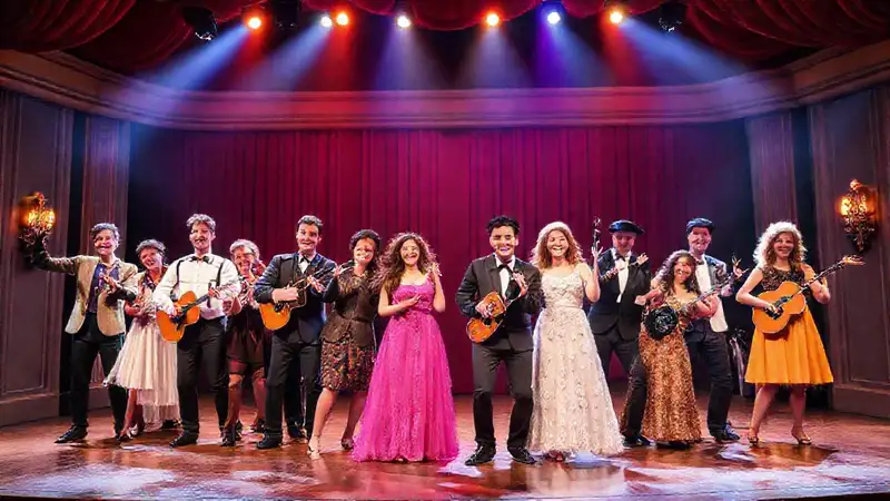 Escenario teatral con actores, colores y música