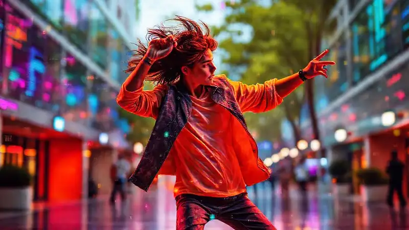 Joven bailarina en entorno digital vibrante
