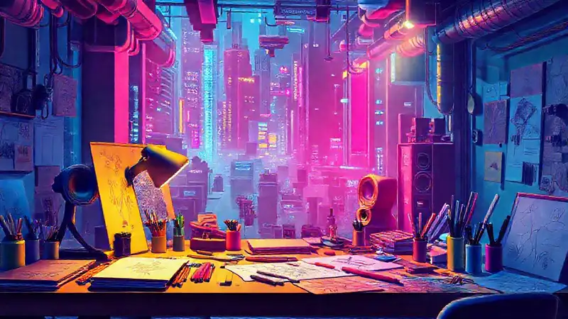 Espacio creativo digital con colores vibrantes y futuristas