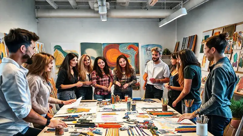 Artistas colaborando en un vibrante espacio creativo