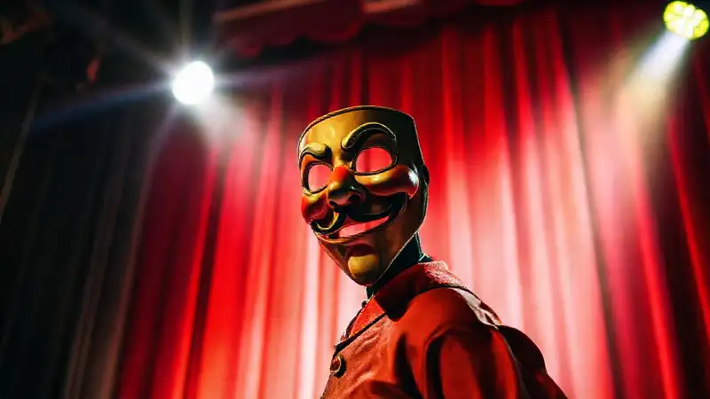 Máscara teatral en escenario vibrante y dramático