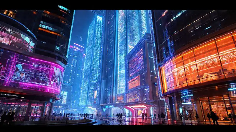 Arquitectura futurista con neón y tecnología avanzada