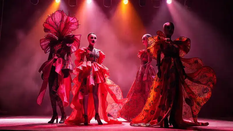 Diseño teatral con vestuario y escenario vibrantes