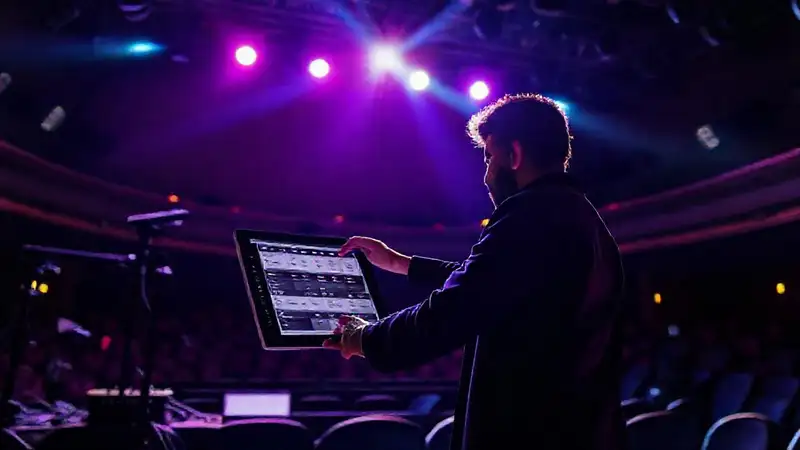 Escenario teatral moderno con tecnología y creatividad