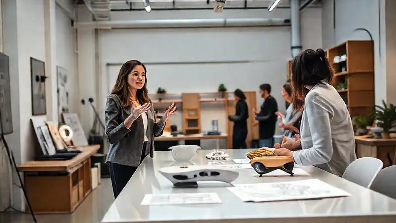 Mujer segura presenta en estudio moderno industrial