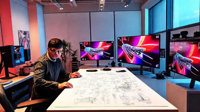 Bocetos industriales en espacio moderno y vibrante