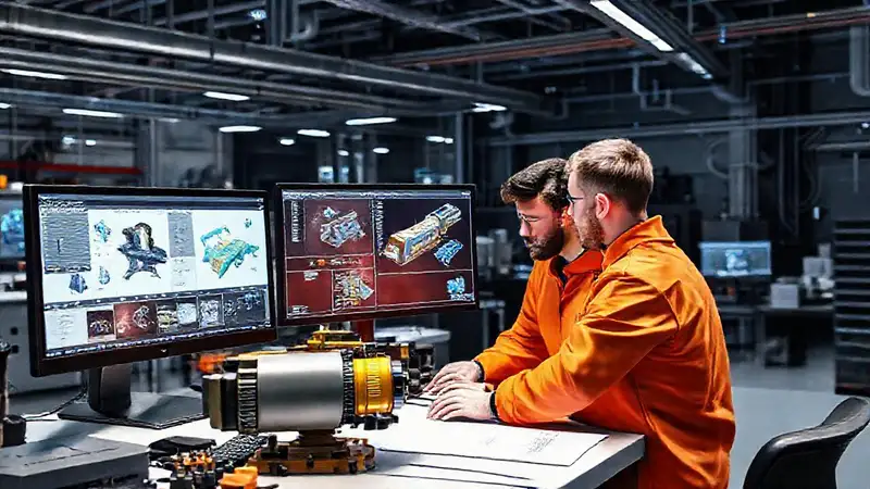 Diseño industrial moderno y colaboración en taller futurista