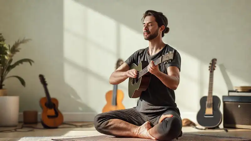 Músico practicando yoga en ambiente tranquilo