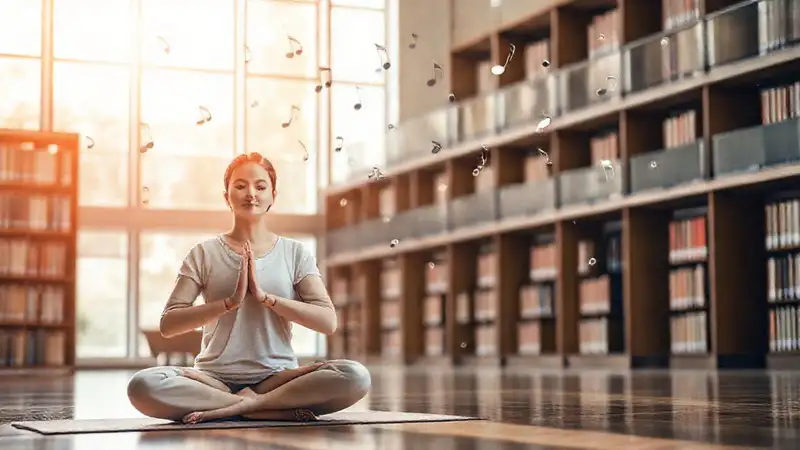 Estudiante meditando en biblioteca tranquila y relajante