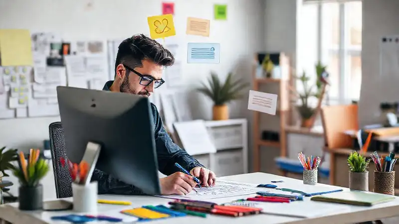 Diseñador gráfico evaluando ideas en su escritorio