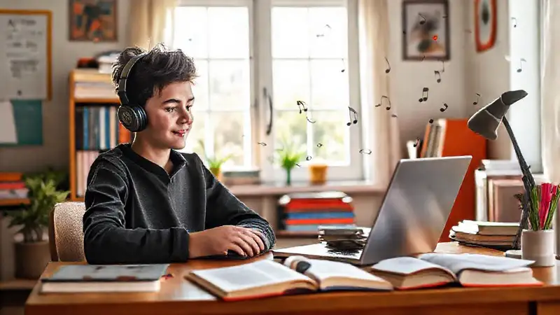 Estudiante estudiando en un ambiente alegre y cómodo
