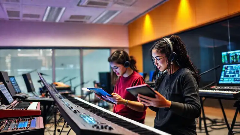 Estudiantes crean música digital en aula moderna