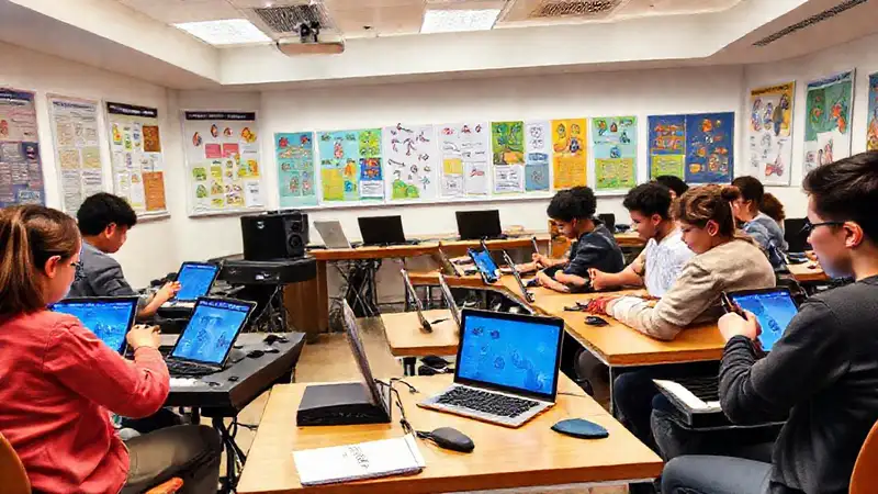 Aula moderna con estudiantes, tecnología y música