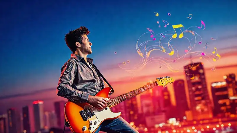Músico motivacional tocando guitarra con energía positiva