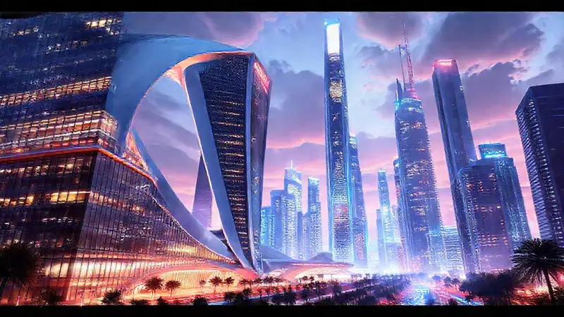 Renderizado futurista de edificio moderno y vibrante