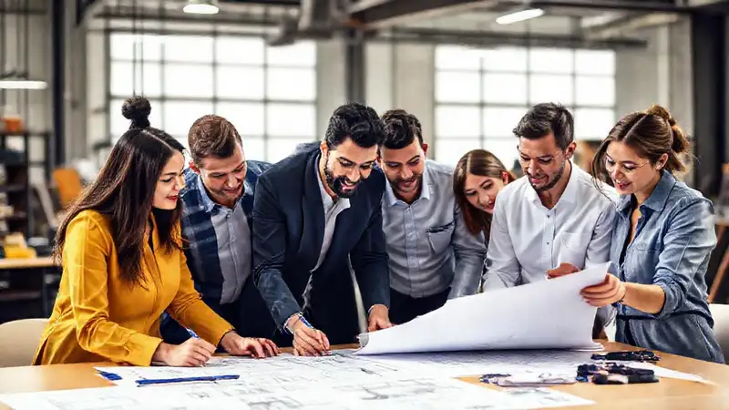 Equipo diverso diseña en espacio moderno colaborativo