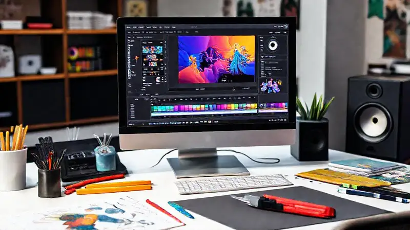 Herramientas de diseño coloridas en espacio moderno