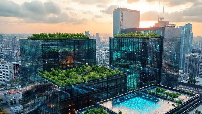 Edificio moderno con jardines y tecnología futurista