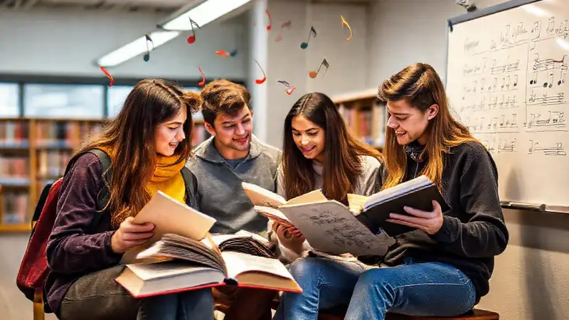 Estudiantes estudian con música y colaboración