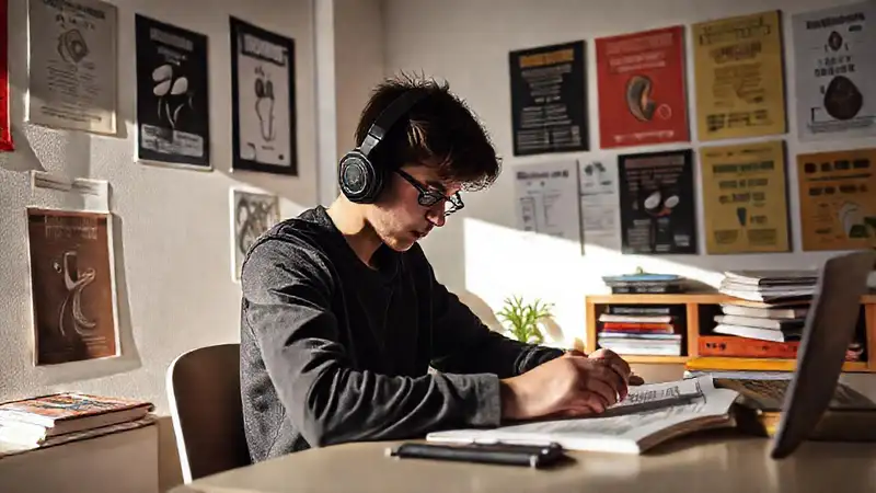 Estudiante estudia concentrado en una sala moderna