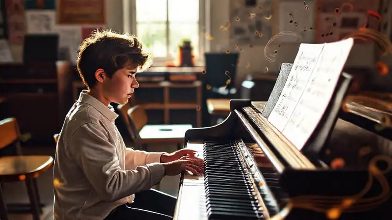 Estudiante practica piano con energía y concentración