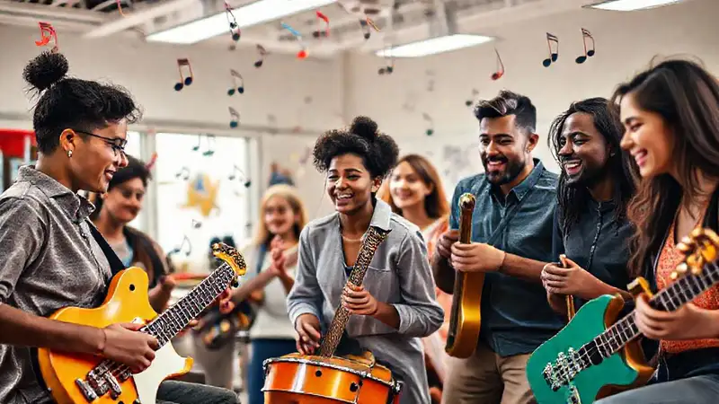 Diversos músicos colaboran en un aula moderna