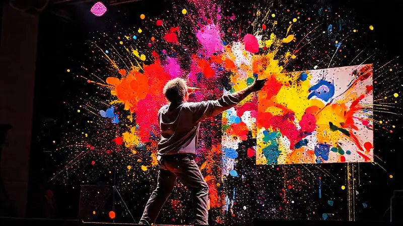 Artista improvisando con explosión de colores
