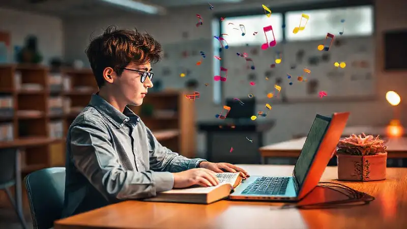 Estudiante estudia teoría musical en un ambiente vibrante