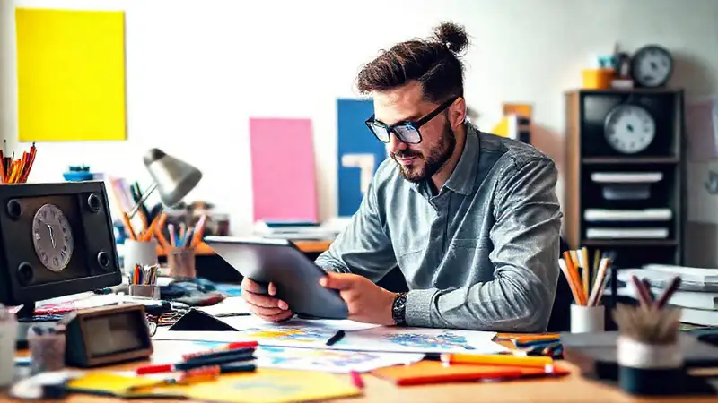 Diseñador creativo en un espacio vibrante y ordenado