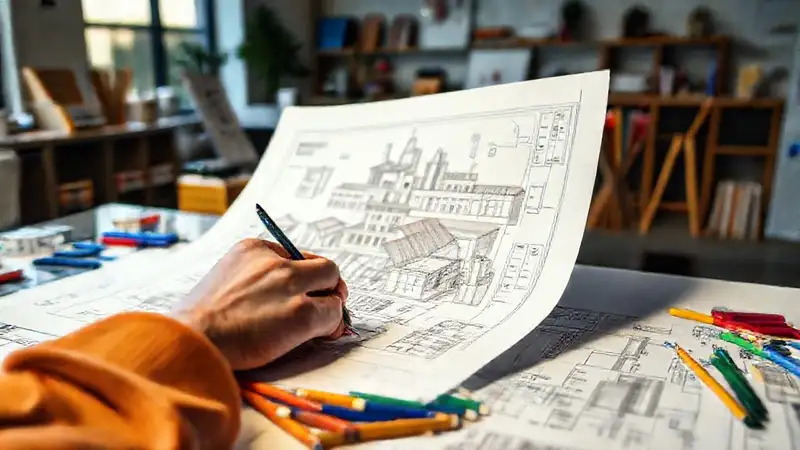Bocetos arquitectónicos en un espacio creativo