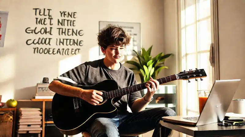 Estudiante estudia guitarra en espacio motivador
