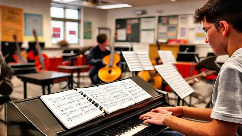 Estudiante practica música en un aula moderna