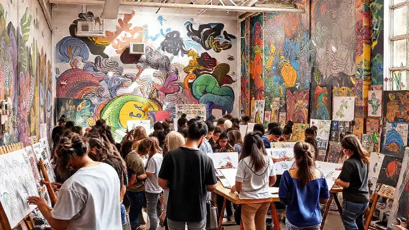 Reunión artística con murales y estudiantes creativos
