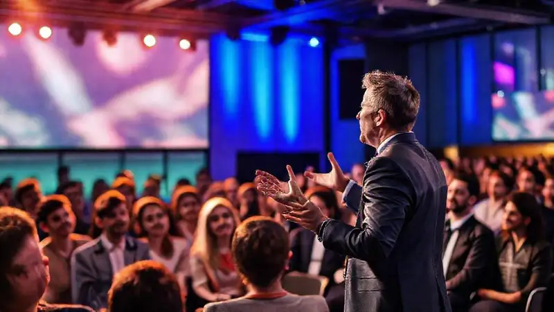 Presentador confiado en un escenario vibrante