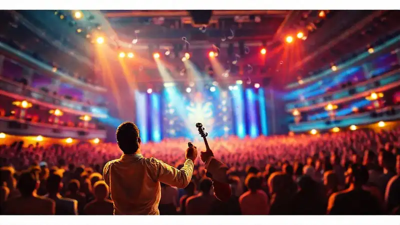 Músico en concierto, audiencia feliz, luces vibrantes