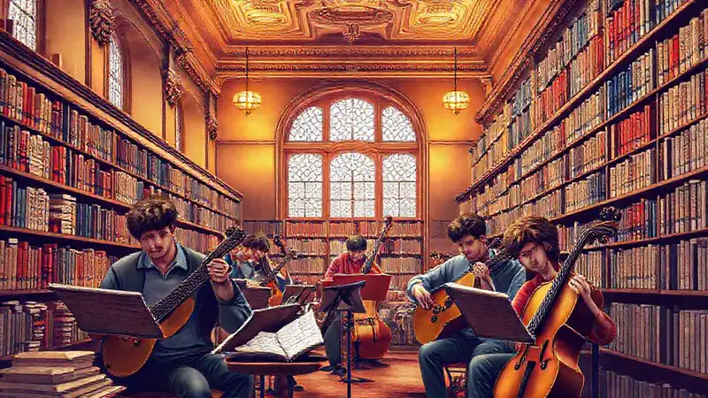 Biblioteca universitaria: estudio, música y ambiente inspirador