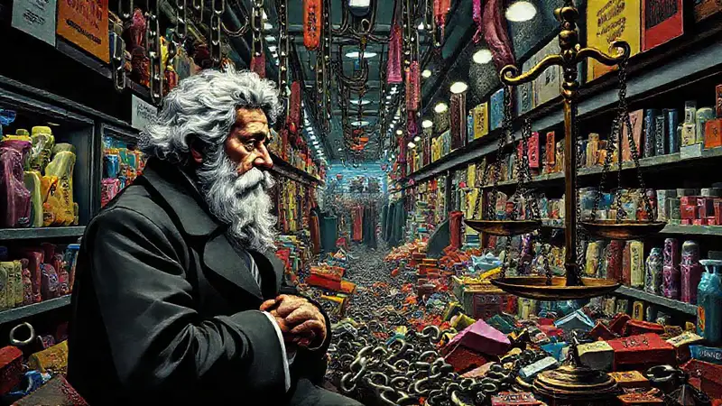 Filósofo reflexiona en supermercado surrealista crítico