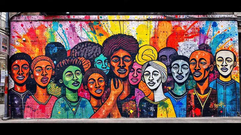 Mural colorido sobre igualdad y diversidad urbana