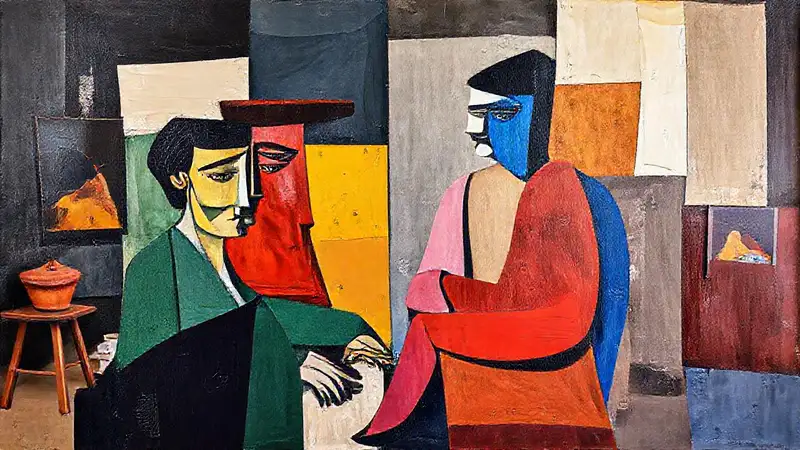 Pintura cubista con formas geométricas vibrantes