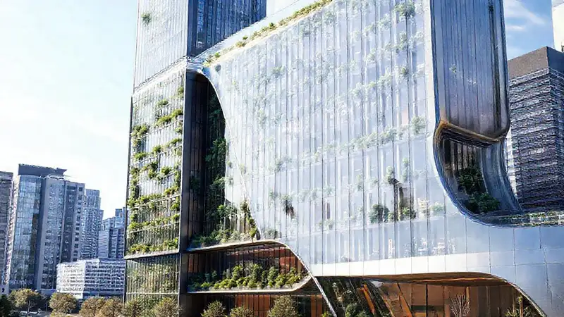 Edificio futurista ecológico con tecnología integrada